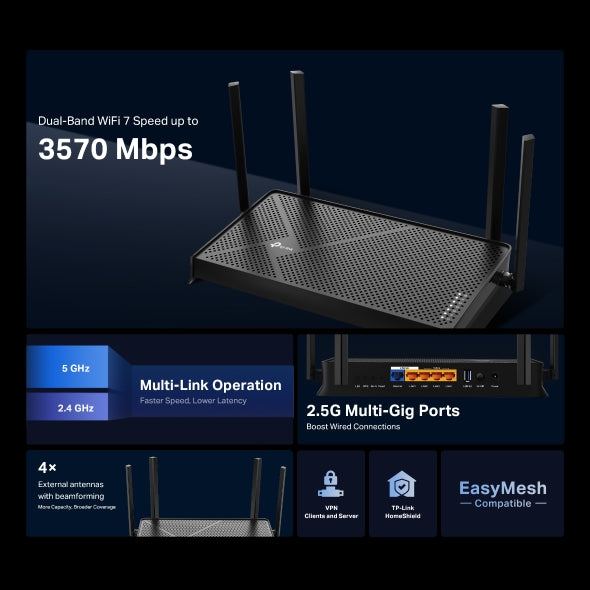 جهاز راوتر Archer BE230 الجديد BE3600 ثنائي النطاق Wi-Fi 7