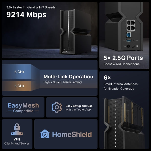 جهاز راوتر Archer BE550 الجديد BE9300 ثلاثي النطاق Wi-Fi 7