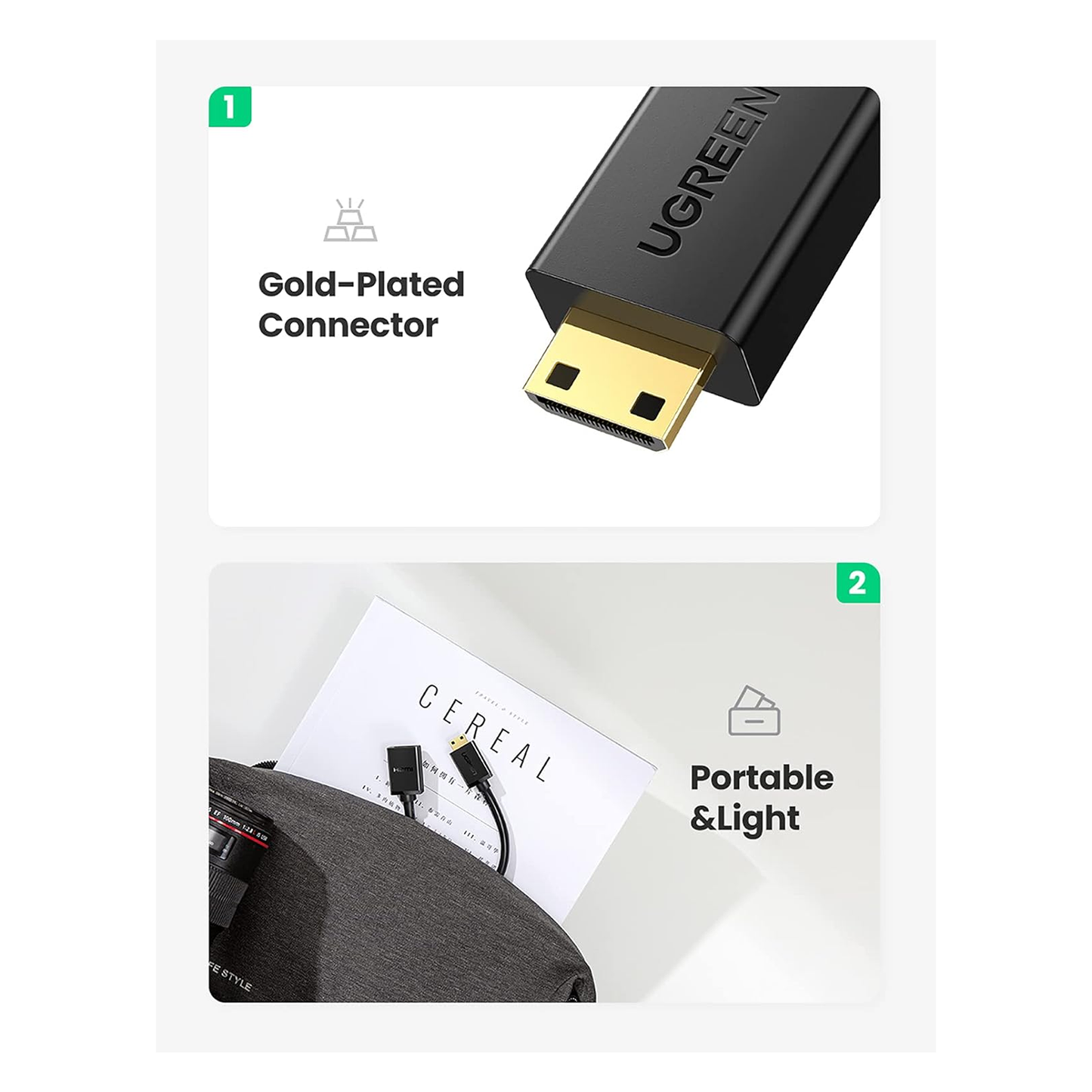 كابل محول ميني HDMI ذكر إلى HDMI أنثى من يوجرين بطول 22 سم (أسود) / 20137