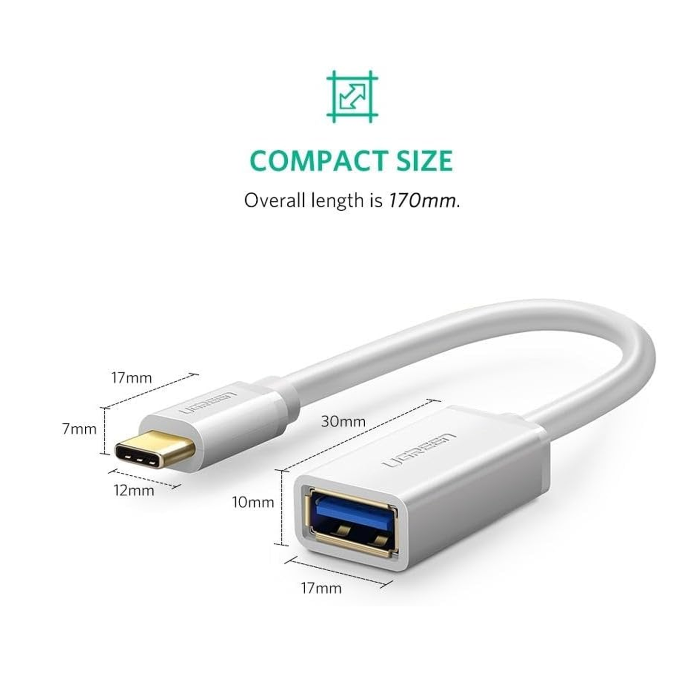 UGREEN USB-C Male To USB 3.0 A Female OTG Cable 15cm (White) 30702