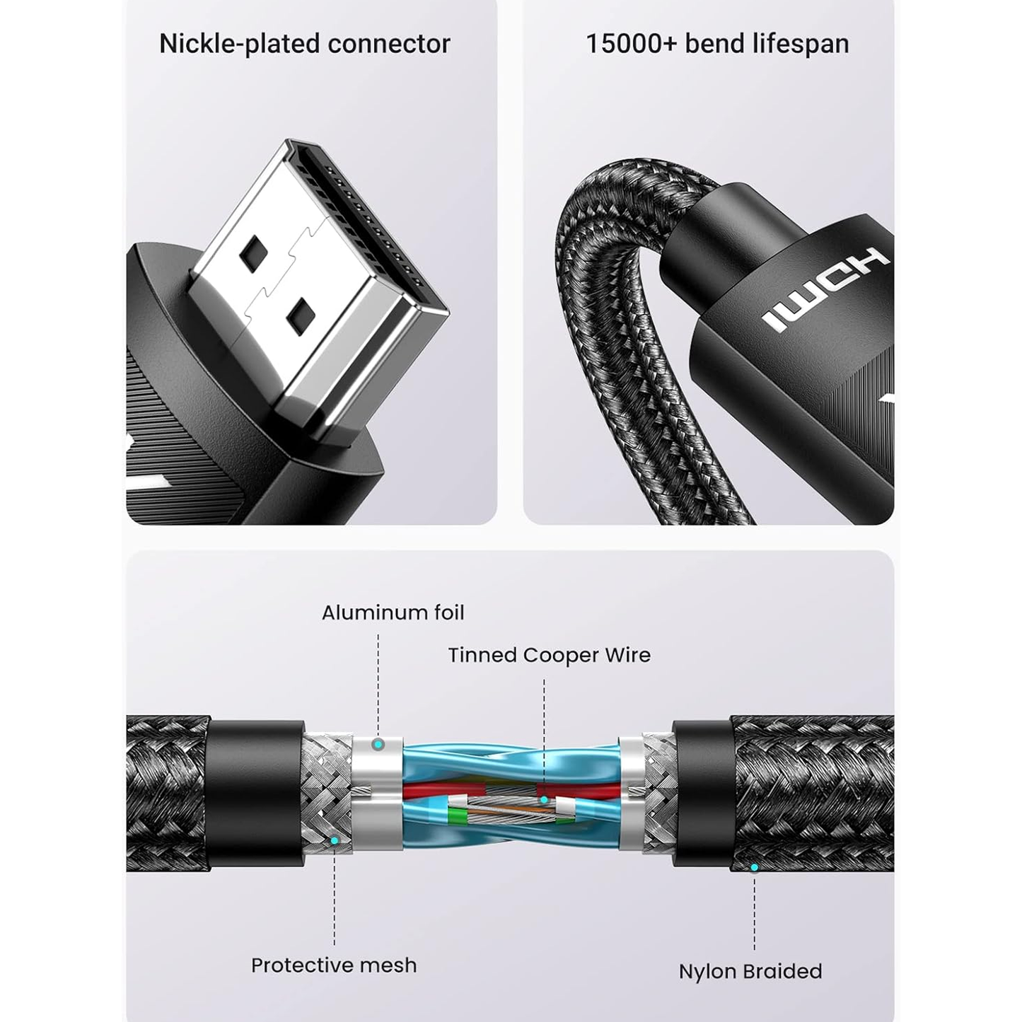 كابل HDMI 2.0 مضفر من يوجرين - HDMI 2.0 4K أسود (HD119)