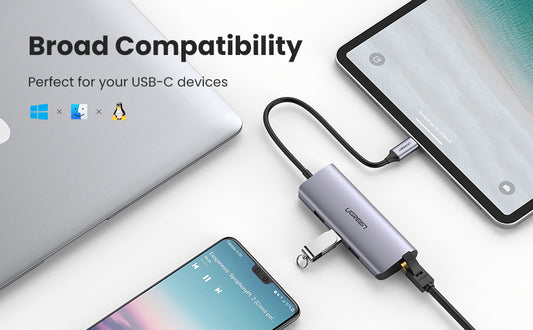 60718 / UGREEN USB-C to 3xUSB-A 3.0 Up to 5Gpbs + RJ45 (1000M) Ethernet With Power Port Micro USB Adapter