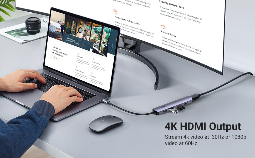 محول USB-C إلى 4 منافذ USB 3.0 بسرعة تصل إلى 5 جيجابت في الثانية + HDMI + بي دي بورت / 20197