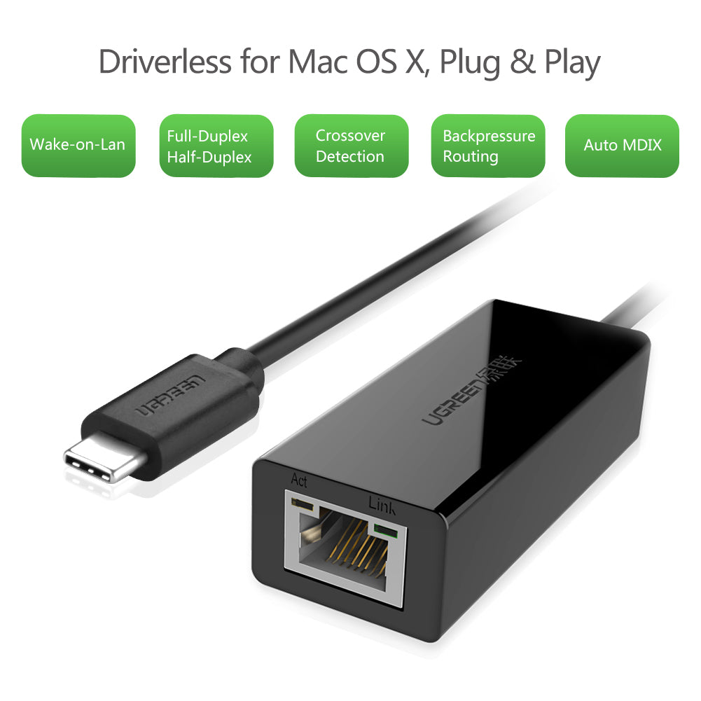 محول إيثرنت USB 2.0 Type-C إلى يدعم سرعات 10/100/1000 من يوجرين لون أسود/30287