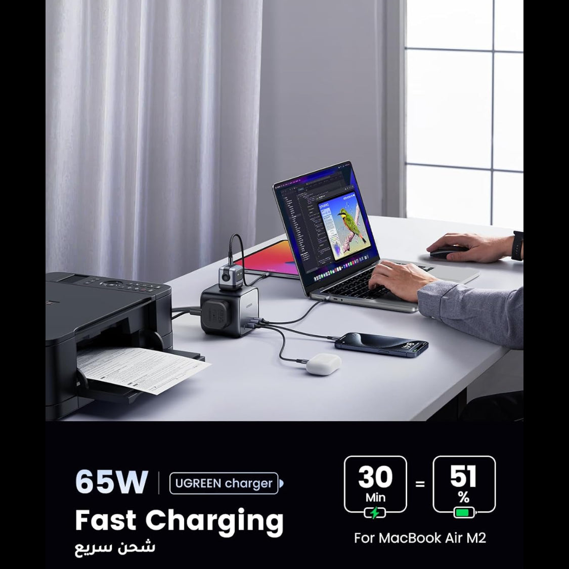 وصلة كهرباء يوجرين 3 مداخل كهرباء و 4 منافذ شحن بقوة 65 واط/ 90906