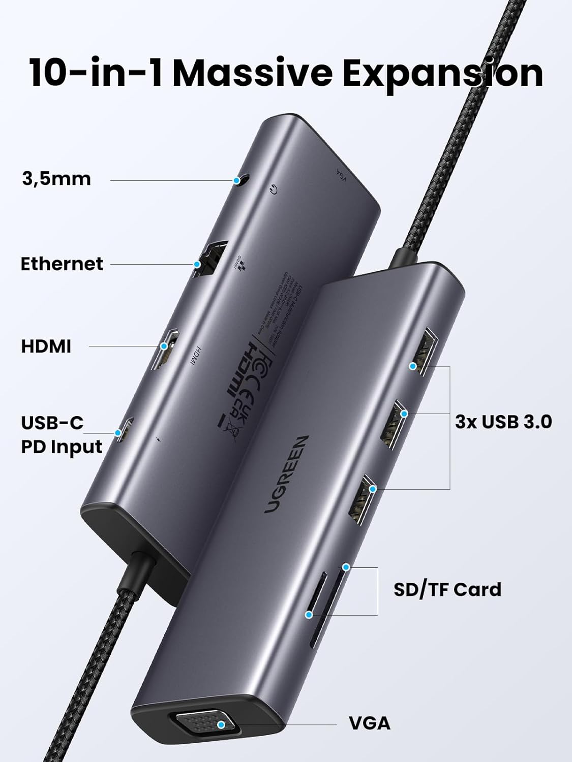 UGREEN USB-C to 3*USB 3.0 A+HDMI 4K@30Hz;2K@60HZ;1080P@120Hz + VGA + RJ45 + SD/TF + 3.5mm Audio + PD Adapter