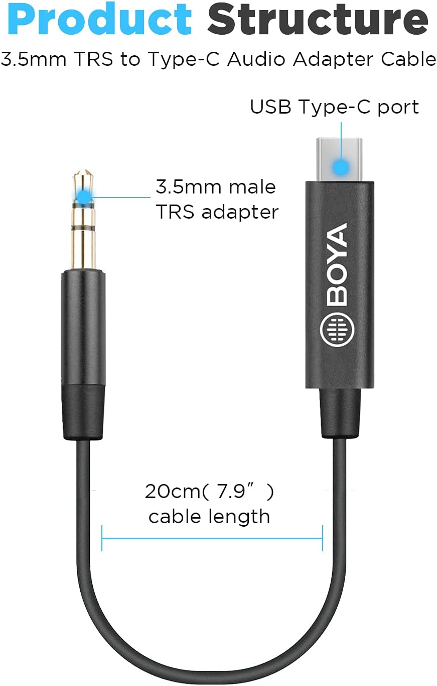 كابل محول صوت BOYA BY-K2 من TRS ذكر إلى Type-C ذكر مقاس 3.5 مم (7.8 بوصة)