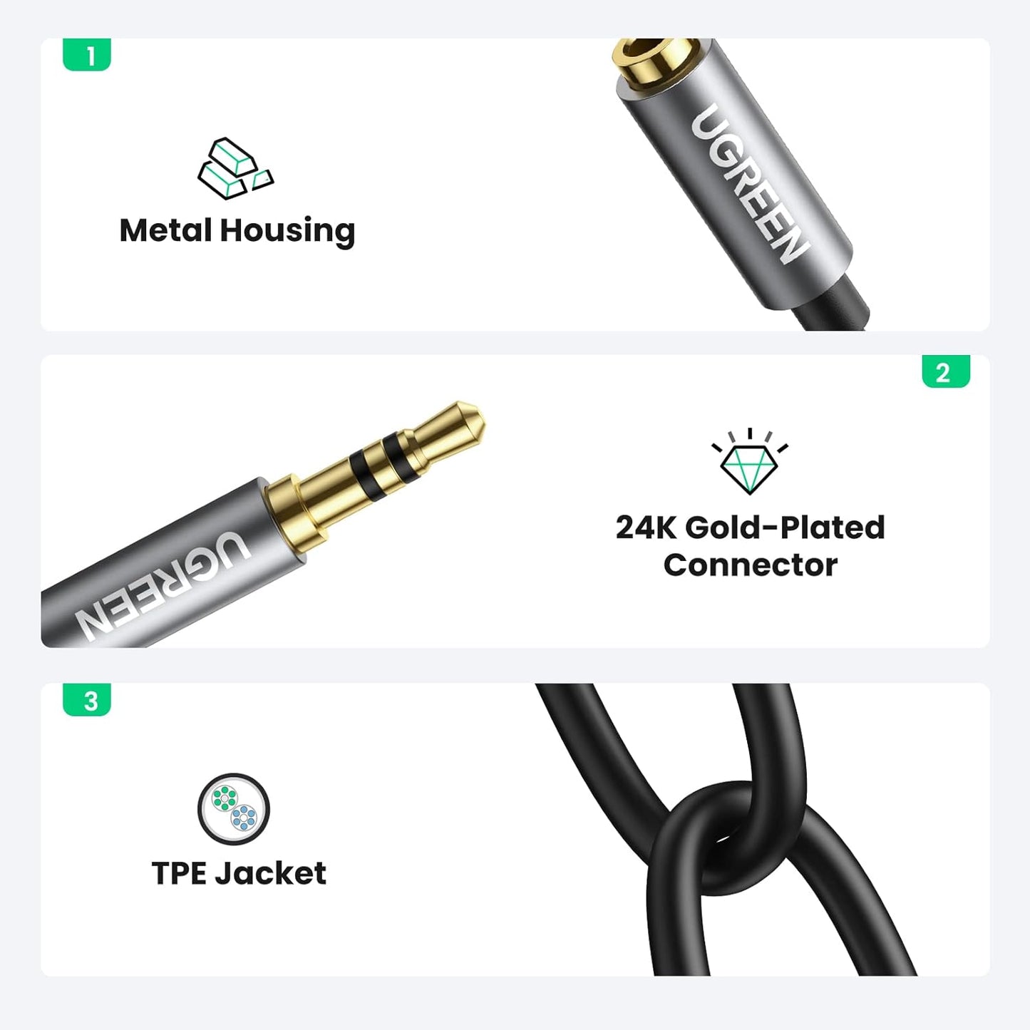 10532 / موزع سماعة رأس UGREEN 3.5 مم ستيريو Y موزع كابل تمديد AUX ذكر إلى أنثى محول مقبس سماعة رأس مزدوج لسماعات الأذن