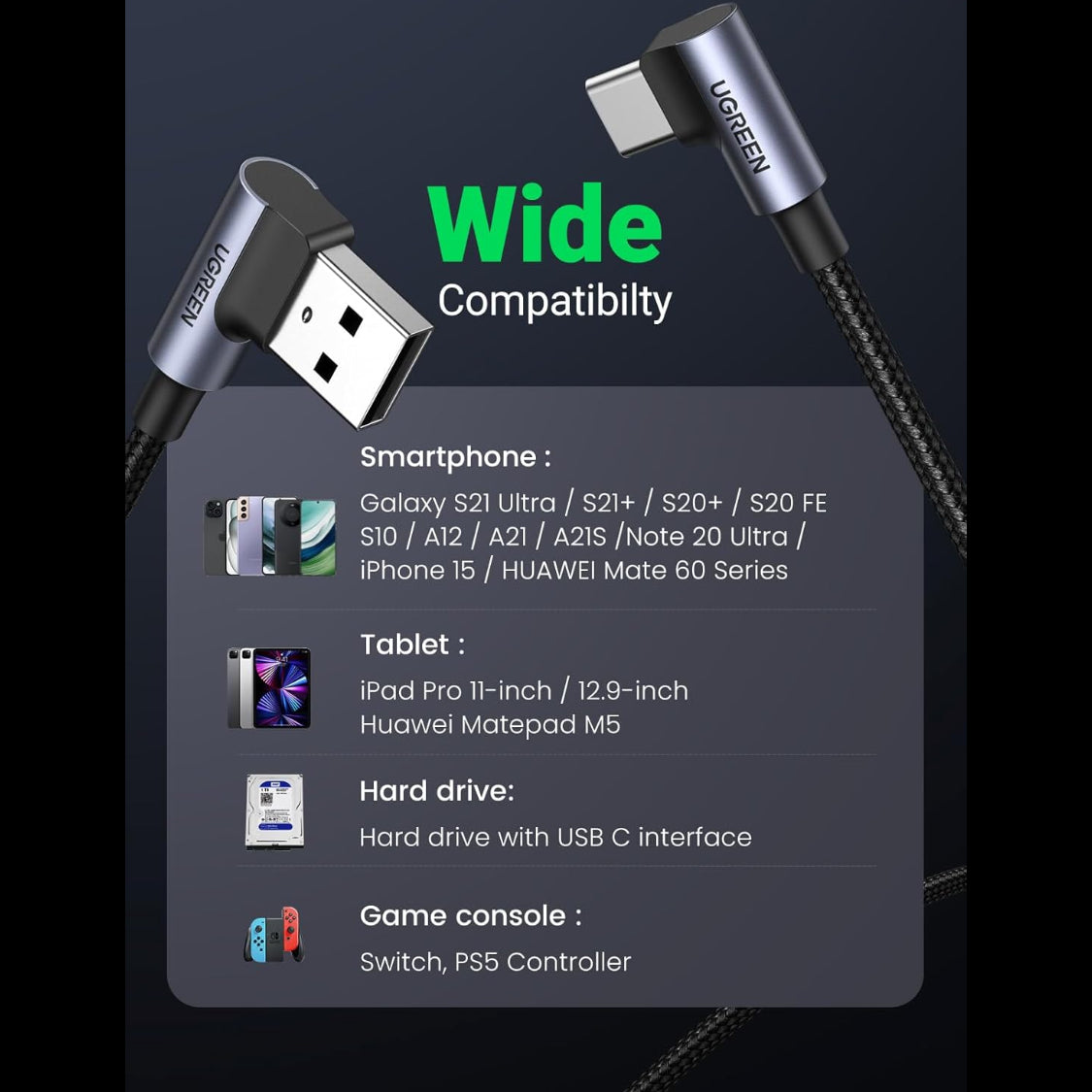 UGREEN Angled USB-C Male To Angled USB 2.0 A Male 3A Data Cable(90°Angle)/US176