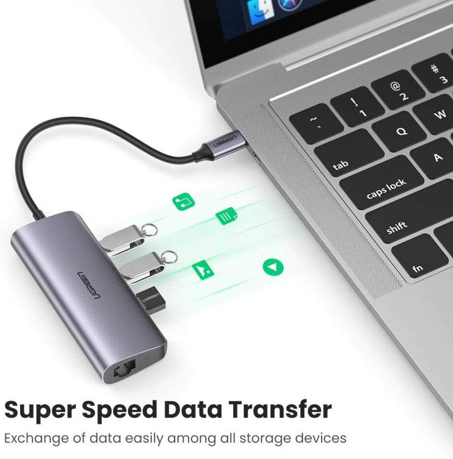 محول USB-C إلى 3xUSB-A3.0 بسرعة تصل إلى 5 جيجابت في الثانية + مدخل جيجا ايثرنت + منفذ طاقة مايكرو يو اس بي / 60718