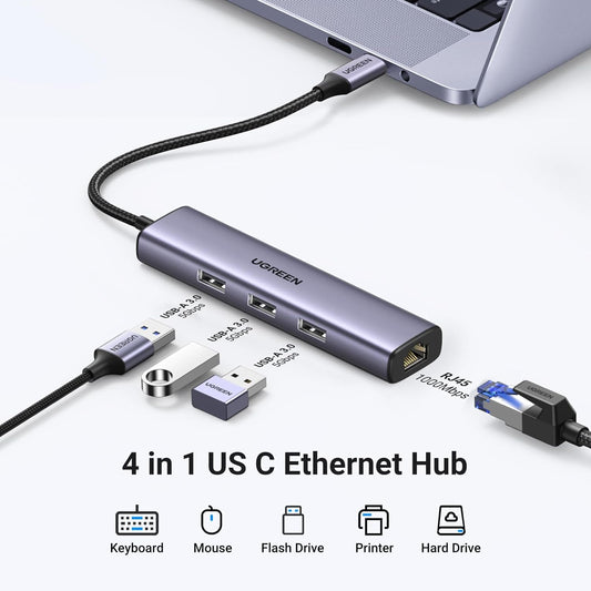 UGREEN USB-C to 3×USB-A 3.0 Hub Up to 5Gpbs + RJ45 (1000M) Ethernet Adapter / 60600