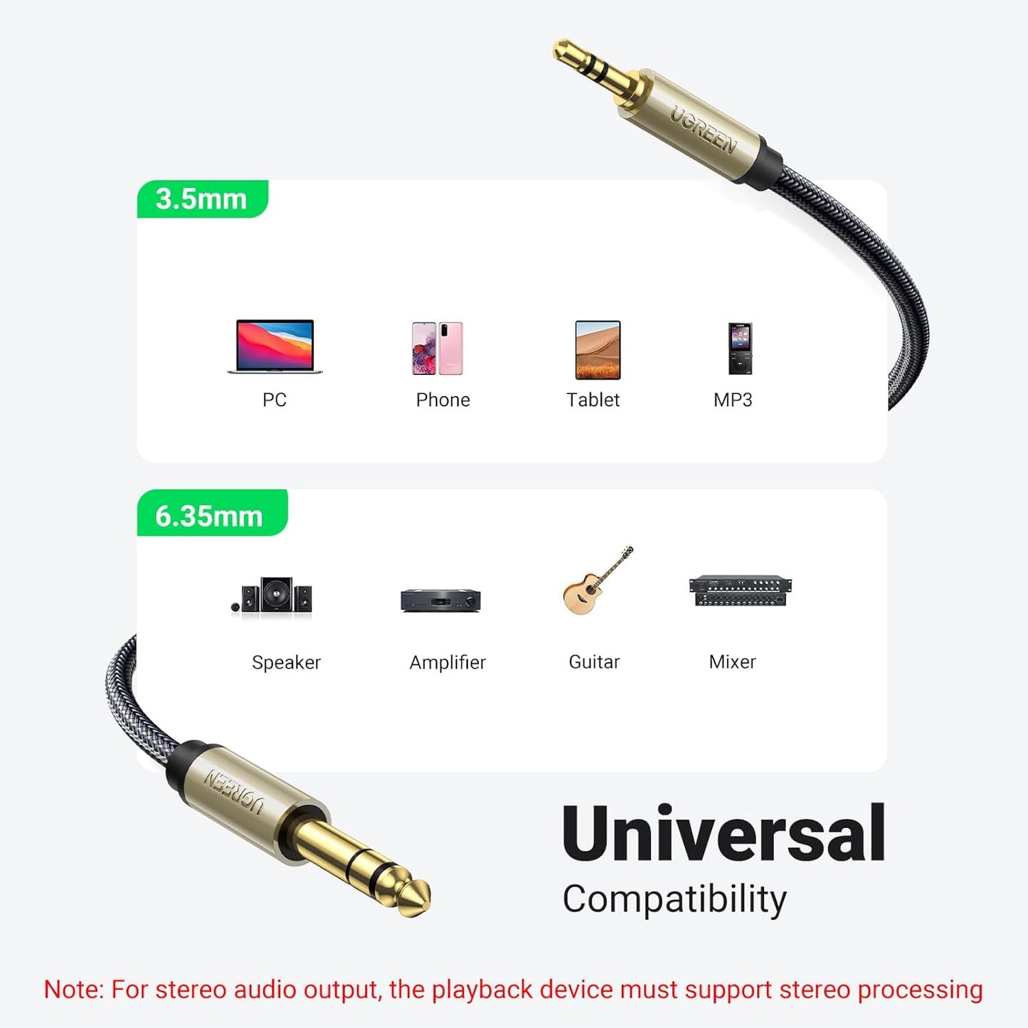 UGREEN Audio TRS Cable Mini Jack 3.5mm / Jack 6.35mm - Gray / AV127