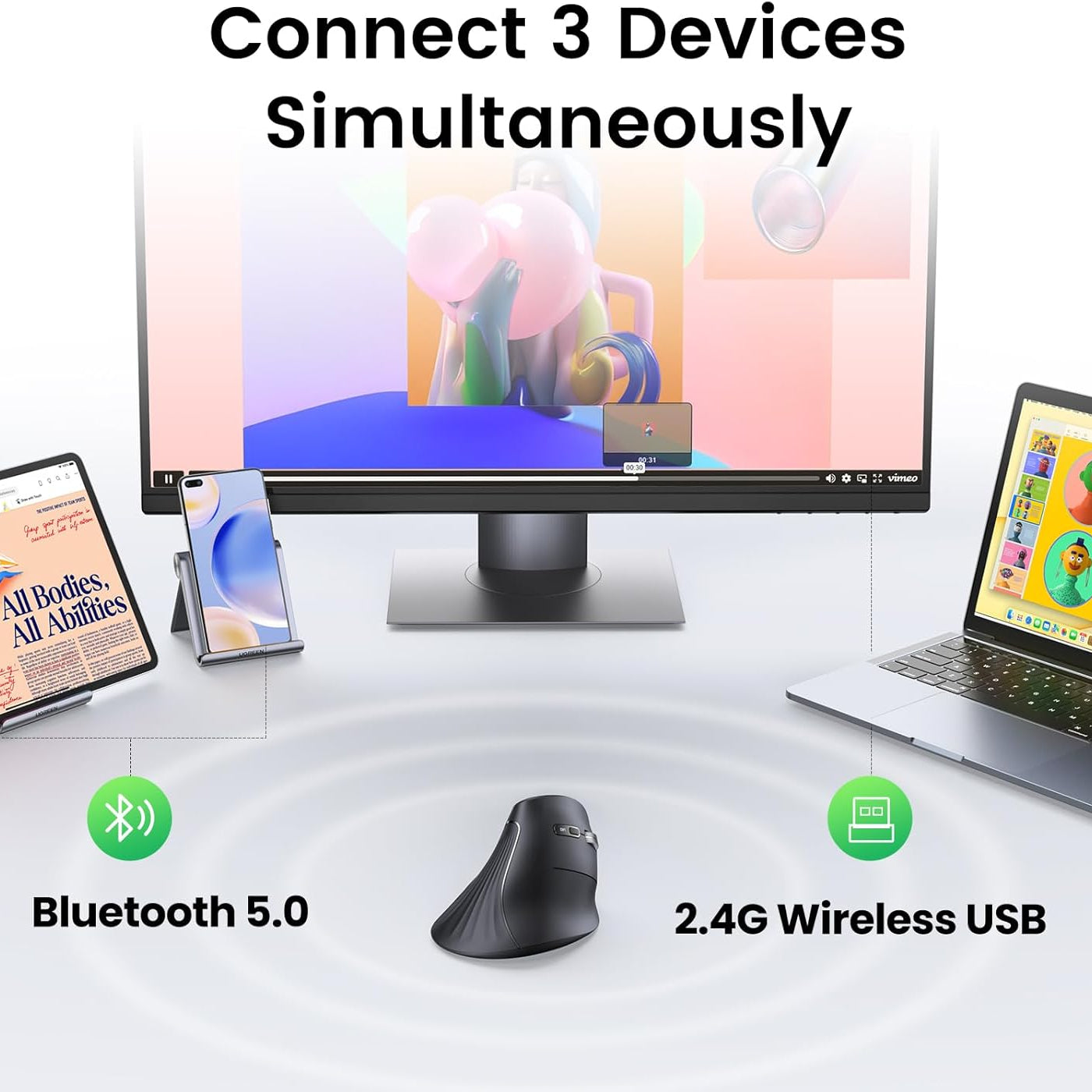 UGREEN Vertical Mouse Wireless (Bluetooth 5.0+2.4G) / MU008