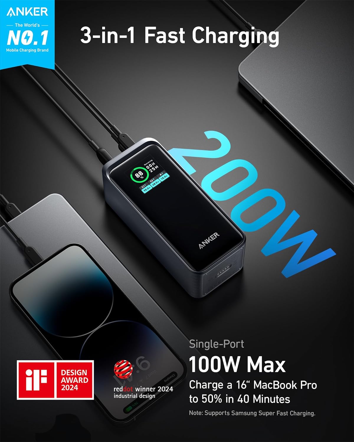 Anker Prime 20,000mAh 200W 2 USB-C and 1 USB-A Port Power Bank