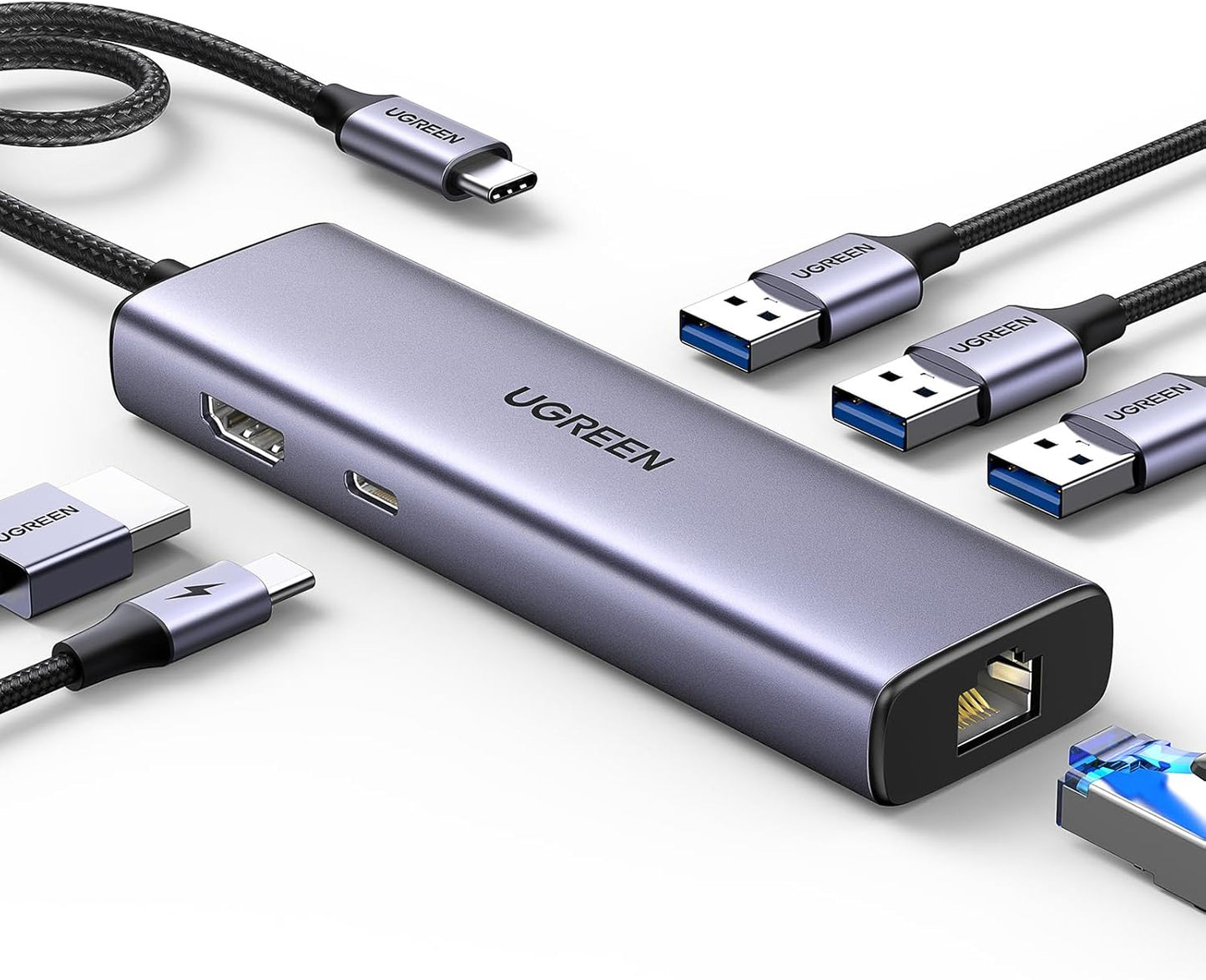 15598 / UGREEN USB-C إلى 3xUSB 3.0 A + HDMI 4K@30Hz + RJ45 Gigabit + PD محول متعدد الوظائف