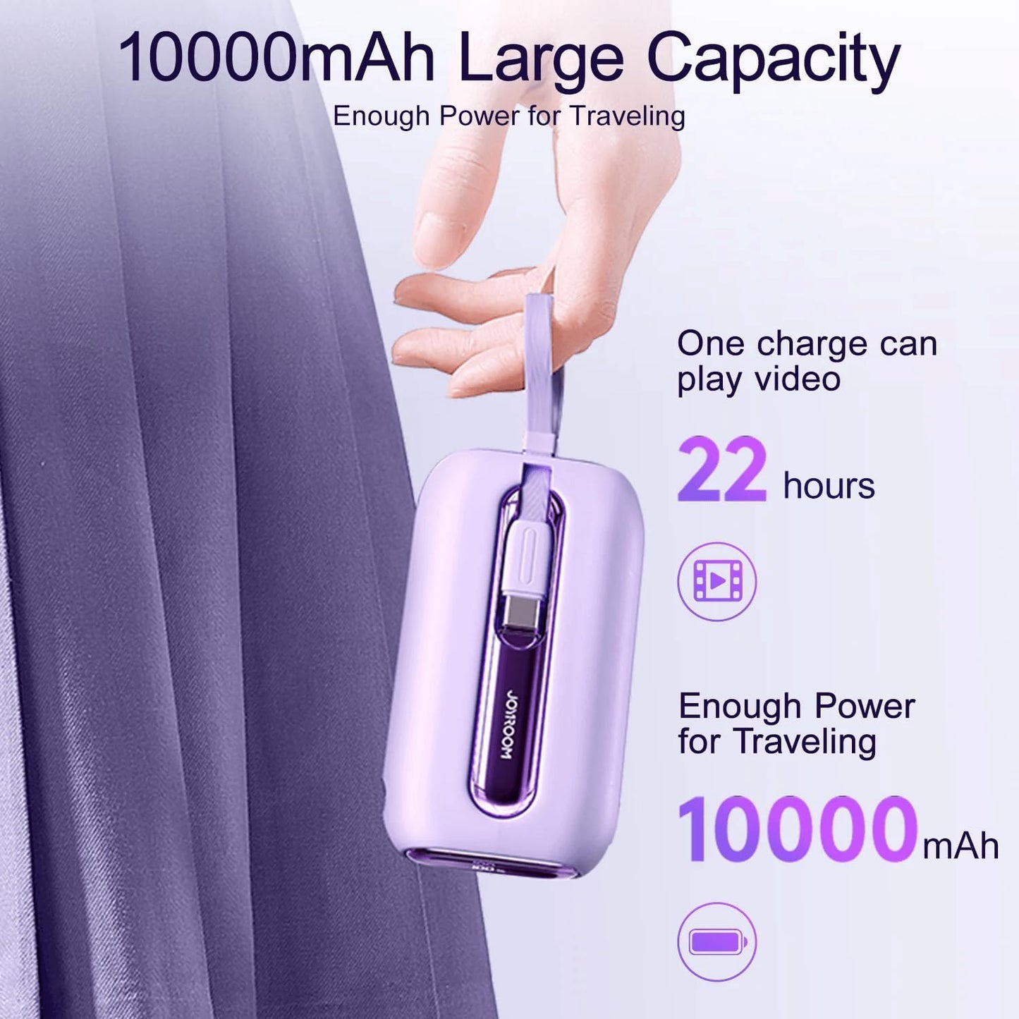 JOYROOM Mini Power Bank 22.5W 10000mAh with Dual Cables (Purple) / JR-L012