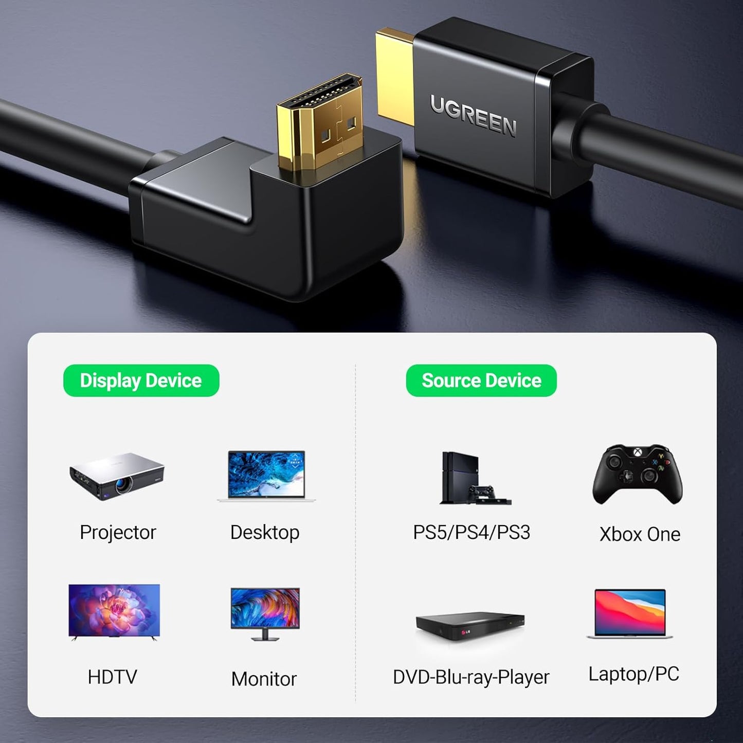 كابل HDMI من UGREEN بزاوية قائمة، سلك HDMI 4K عالي السرعة، 4K@60Hz / HD103