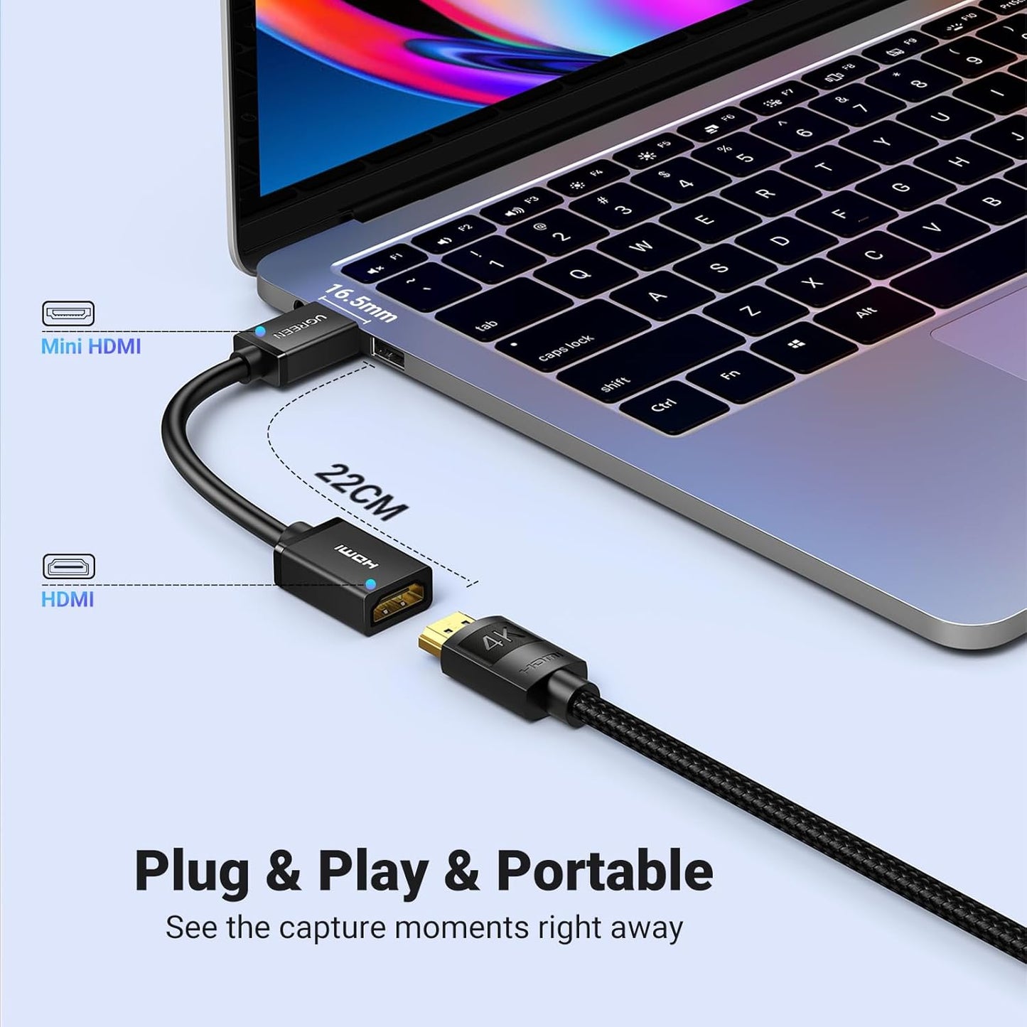 كابل محول ميني HDMI ذكر إلى HDMI أنثى من يوجرين بطول 22 سم (أسود) / 20137