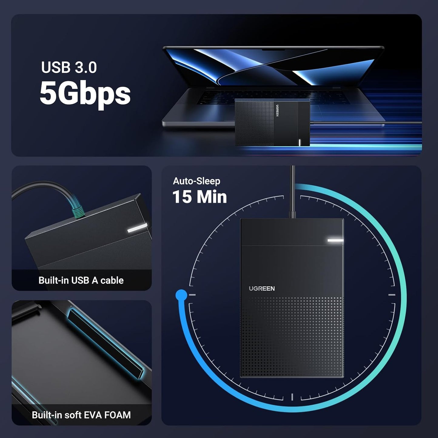 علبة محرك الأقراص الصلبة UGREEN مقاس 2.5 بوصة مع كابل 5G / 30719