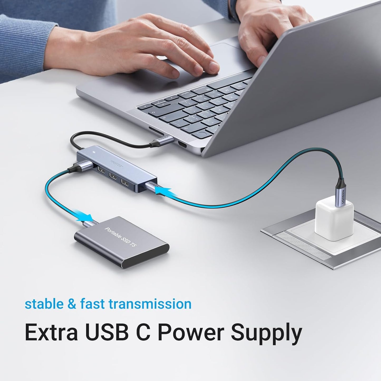 موزع يوجرين تايب سي إلى 4 منافذ USB 3.0 بسرعة تصل إلى 5 جيجابت في الثانية مع مصدر طاقة /70336