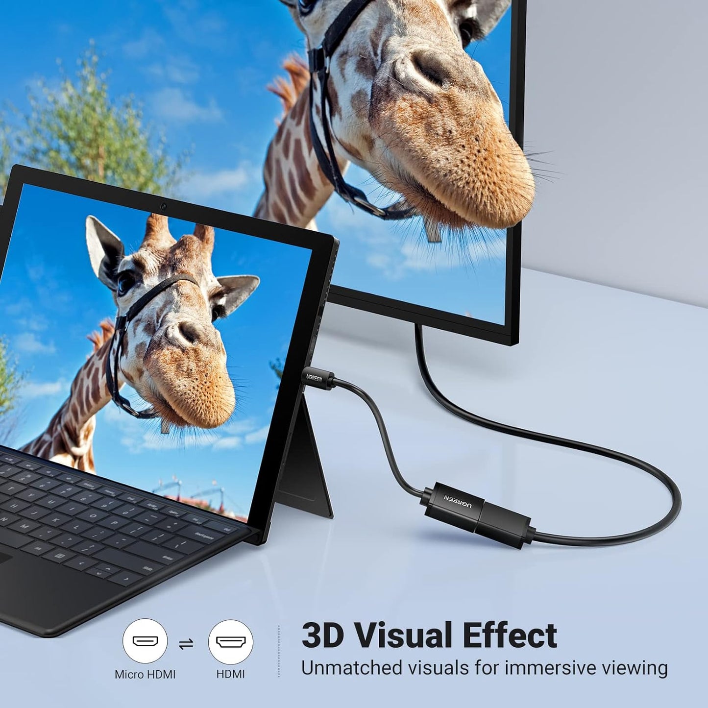 كابل محول مايكرو HDMI ذكر إلى HDMI أنثى من يوجرين بطول 22 سم (أسود) / 20134