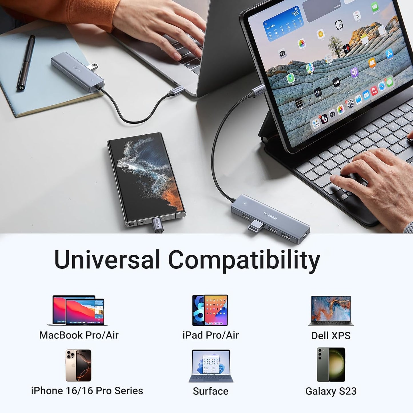 موزع يوجرين تايب سي إلى 4 منافذ USB 3.0 بسرعة تصل إلى 5 جيجابت في الثانية مع مصدر طاقة /70336