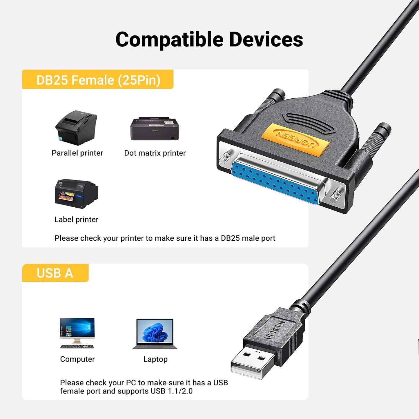 UGREEN USB to DB25 Parallel Printer Cable 2m - 20224