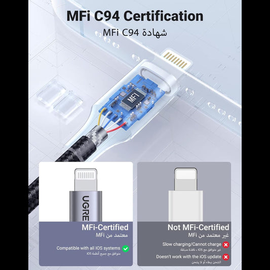 Ugreen USB-A to Lightning Charging Cable, Silver 1m - 2m / 60163-60161