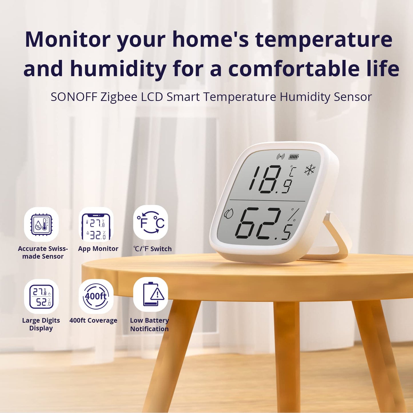 مستشعر درجة الحرارة والرطوبة الذكي Sonoff SNZB-02D Zigbee LCD - مراقبة عالية الدقة مع شاشة عرض في الوقت الفعلي
