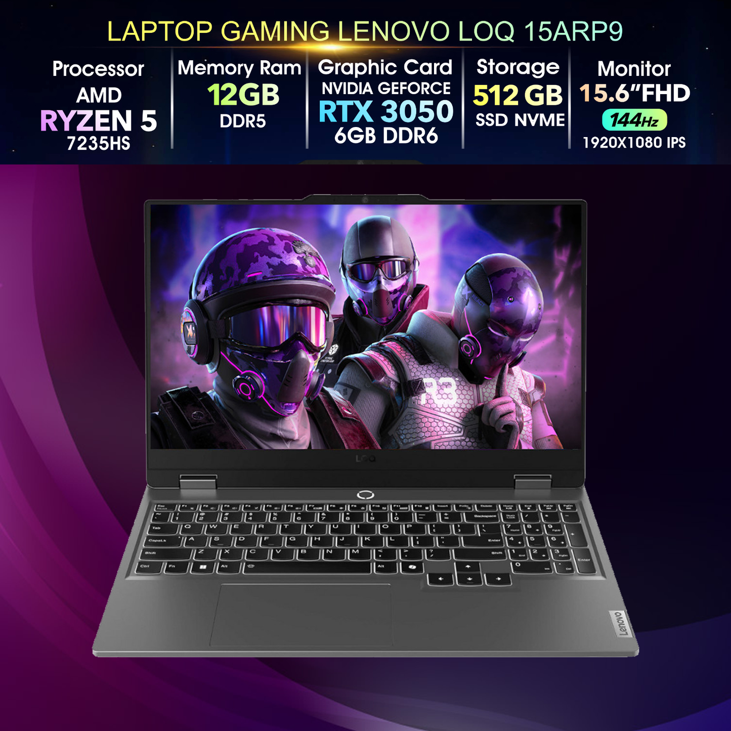معالج لينوفو LOQ Ryzen 5 (7235HS) 12 جيجا رام RTX3050 512SSD