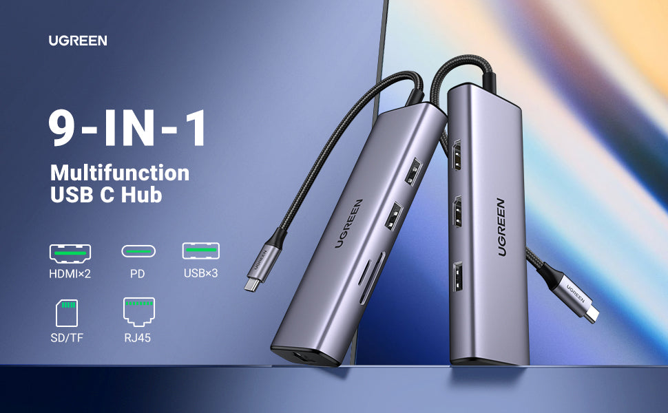 UGREEN USB-C to 2×USB 3.0+1×USB 2.0+2×HDMI+RJ45(1000M)+SD+TF+PD 4K60Hz / 90119