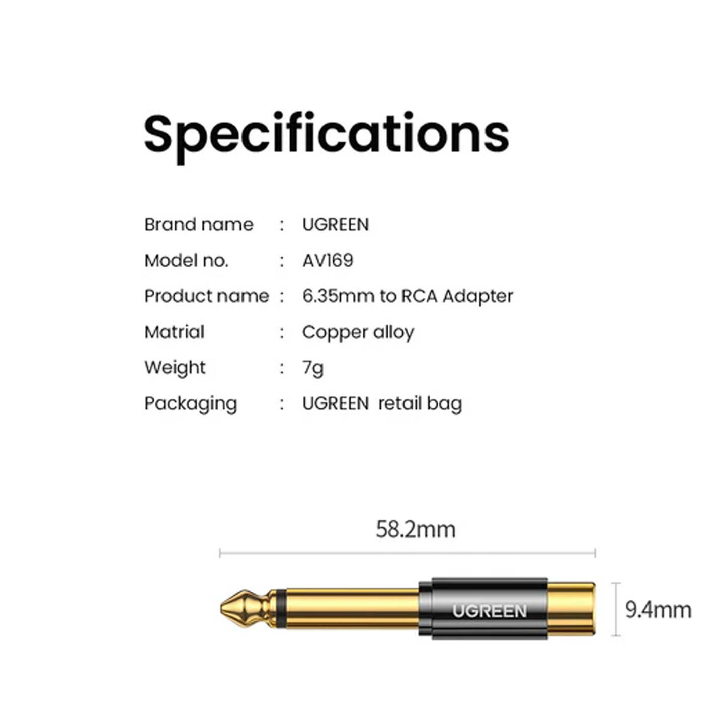 محول UGREEN 6.35 مم ذكر إلى RCA أنثى / 80731