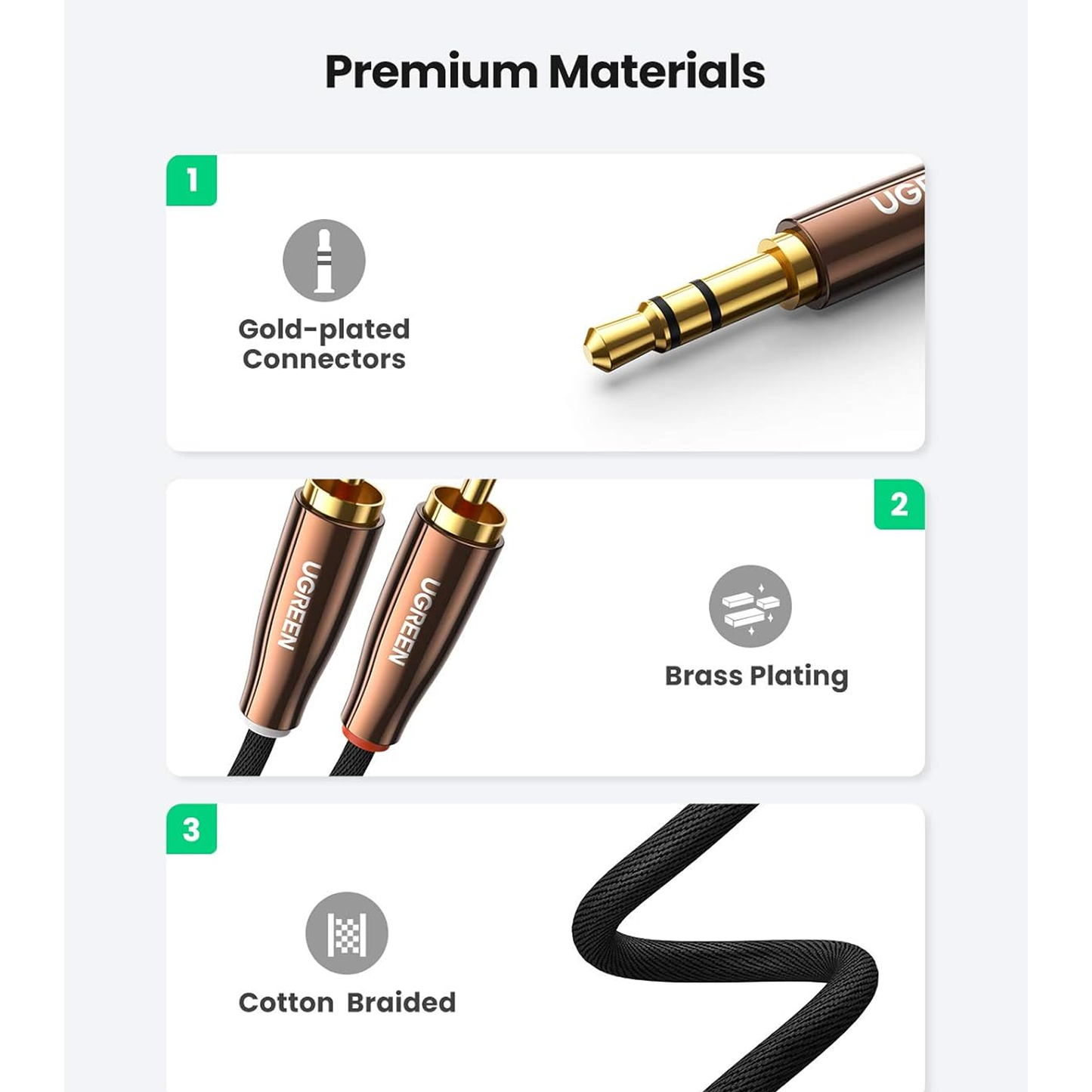 UGREEN 3.5mm Male to 2 Male RCA Cable Stereo Audio Adapter Braided Copper Case AUX Cable /AV170