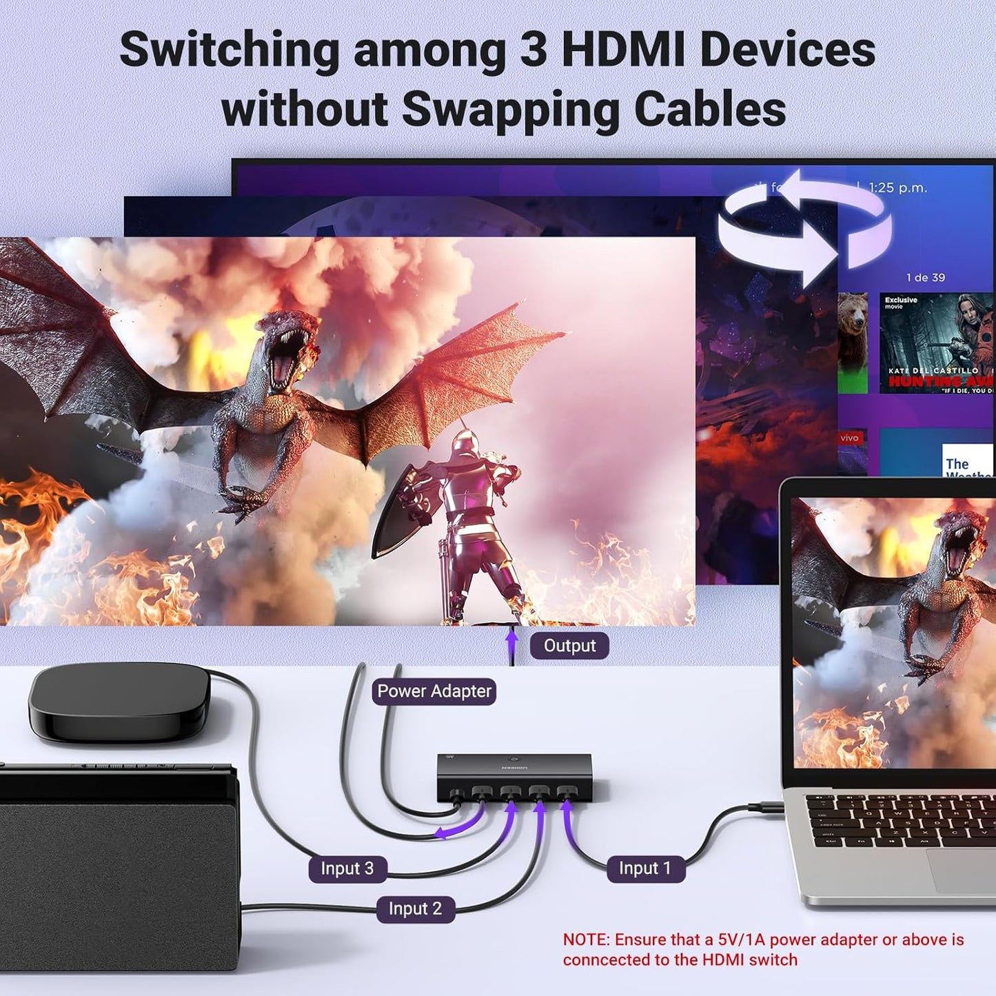 مفتاح HDMI 4K@60Hz من UGREEN - مخرج 3 في 1 مع جهاز تحكم عن بعد / 15376