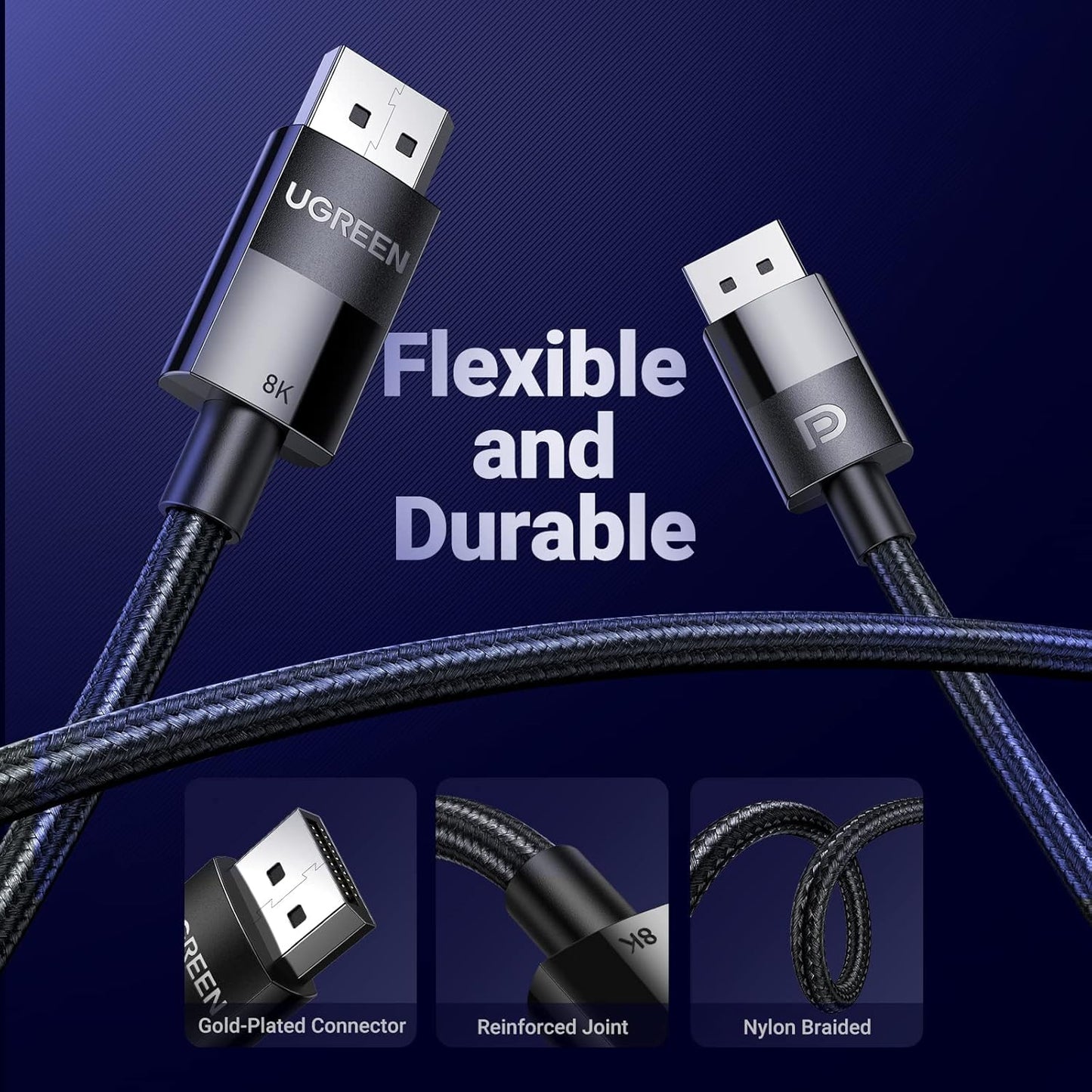 UGREEN DP Male to Male DP1.4 8K Round Cable ABS Shell Braid (Black) / DP114