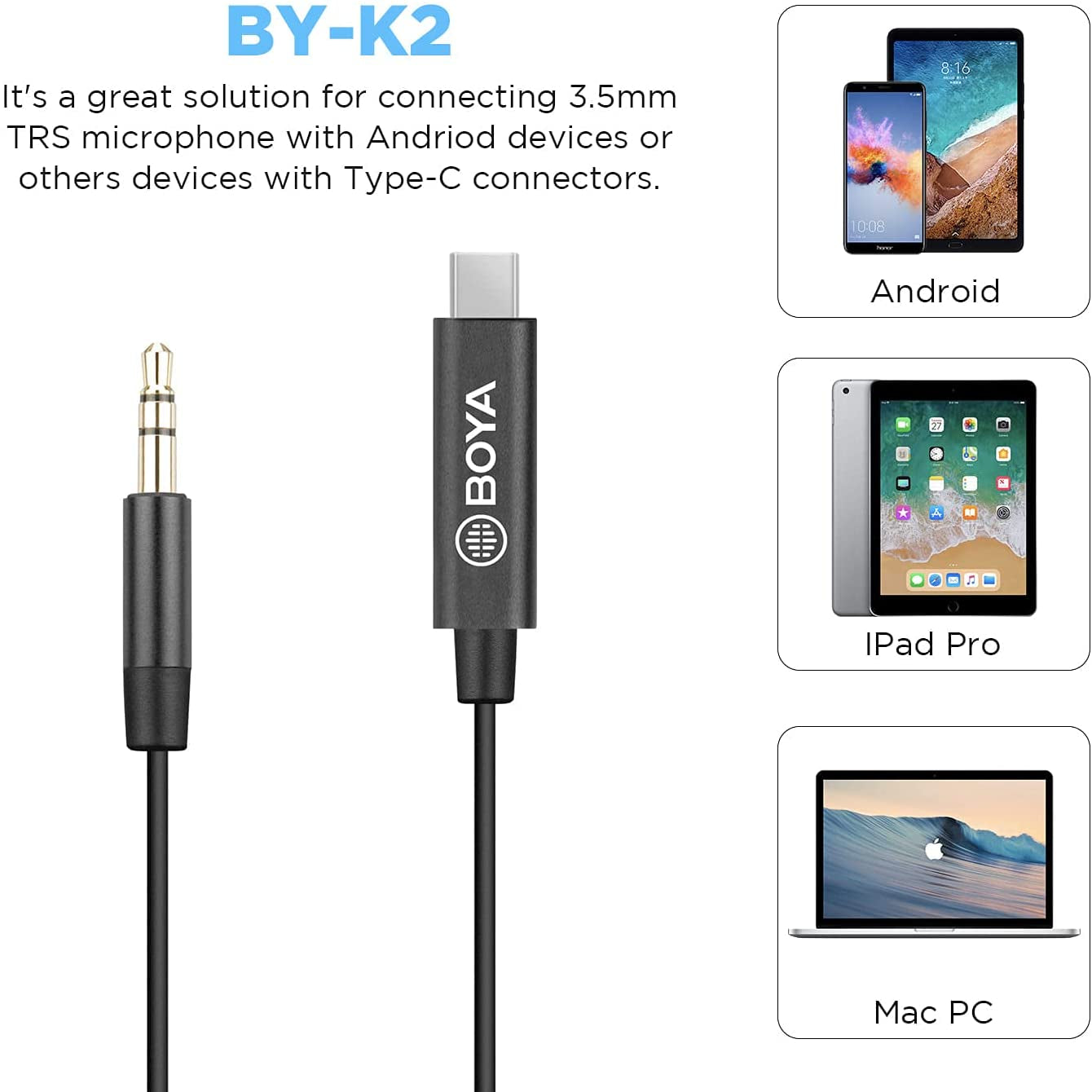 كابل محول صوت BOYA BY-K2 من TRS ذكر إلى Type-C ذكر مقاس 3.5 مم (7.8 بوصة)