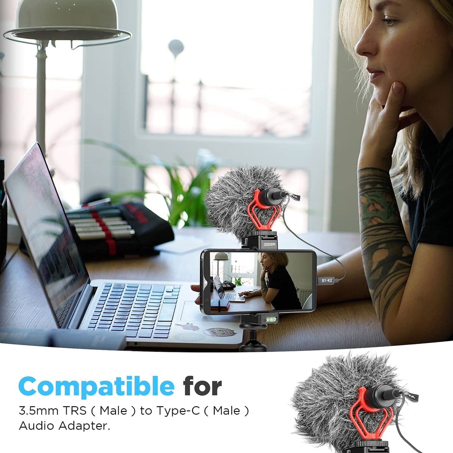 كابل محول صوت BOYA BY-K2 من TRS ذكر إلى Type-C ذكر مقاس 3.5 مم (7.8 بوصة)