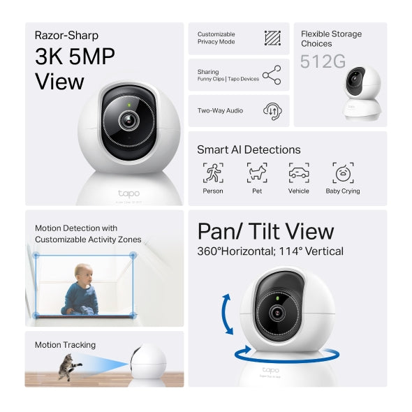 كاميرا داخلية بدقة 5 ميجابكسل Tapo C230 Pan/Tilt AI كاميرا أمان منزلية مزودة بشبكة Wi-Fi