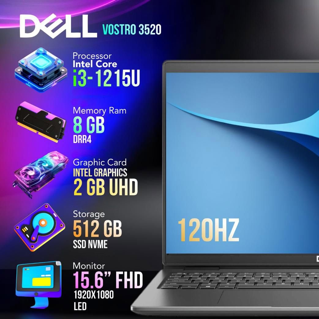 Dell Vostro 3520 Core i3 12th + SSD 512GB 8GB RAM 120Hz