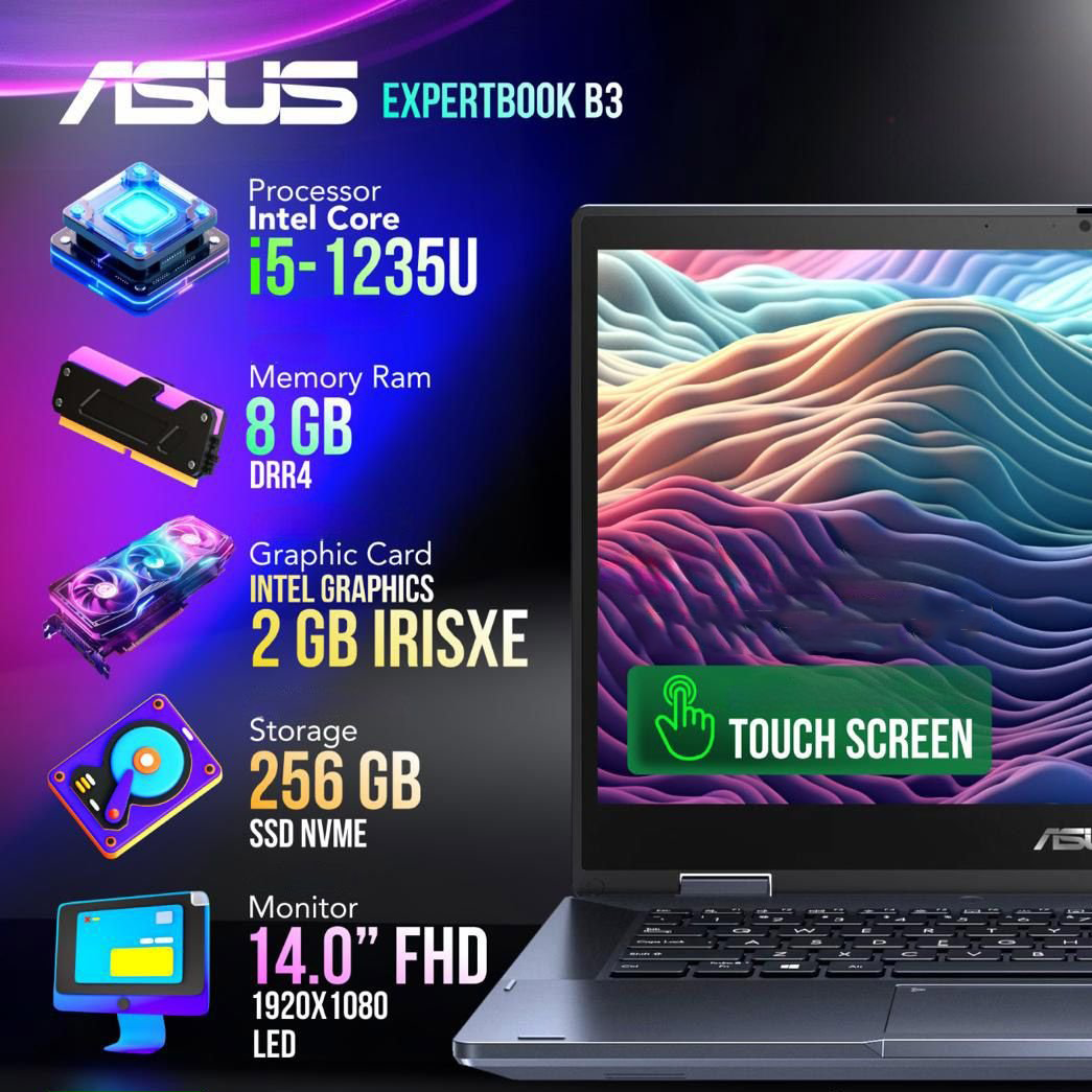 لابتوب ASUS اكسبيرت بوك B3 i5 الجيل الثاني عشر/ شاشة تعمل باللمس