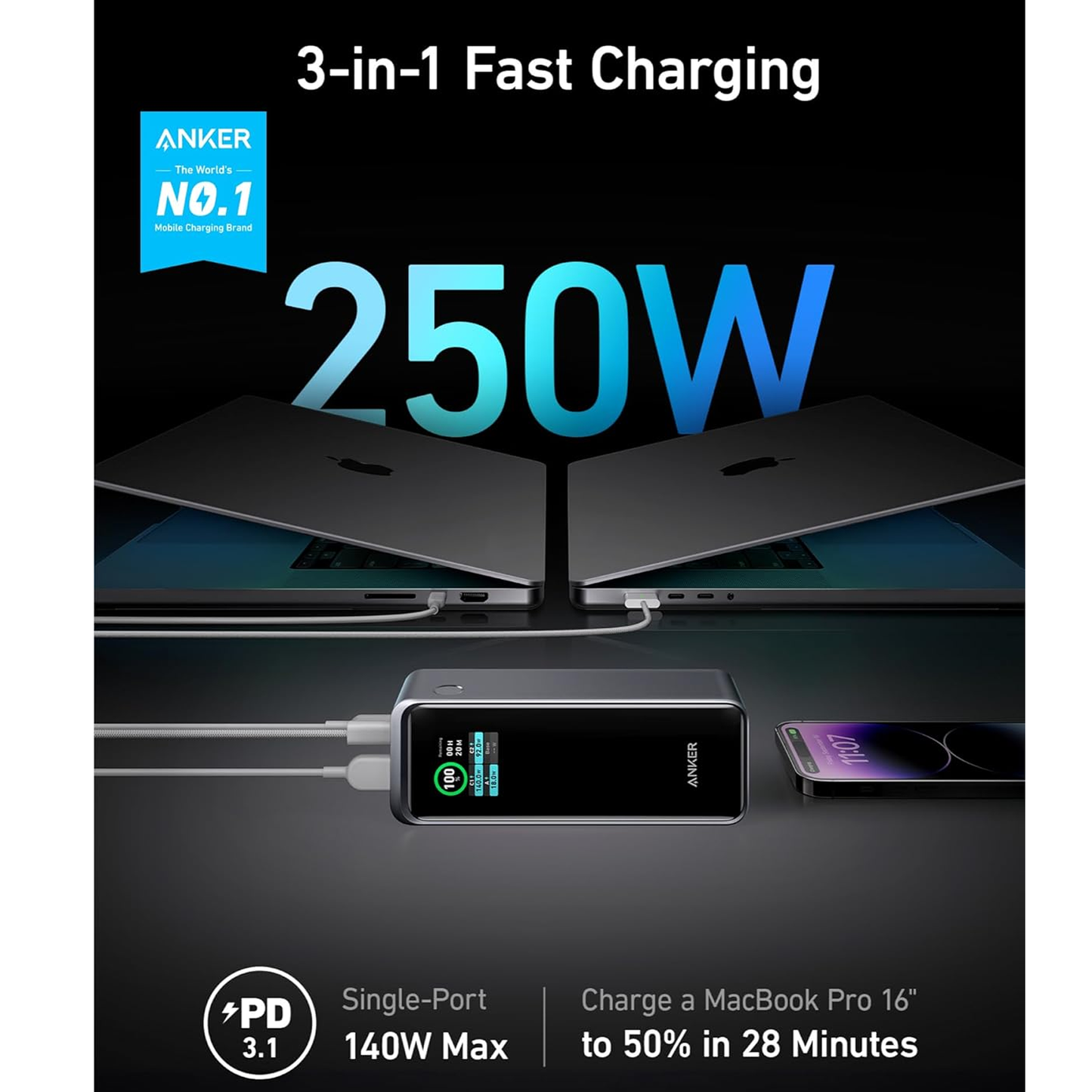 Anker Prime Power Bank 27,650mAh (250W, 3-Port, App Control & Smart Display)