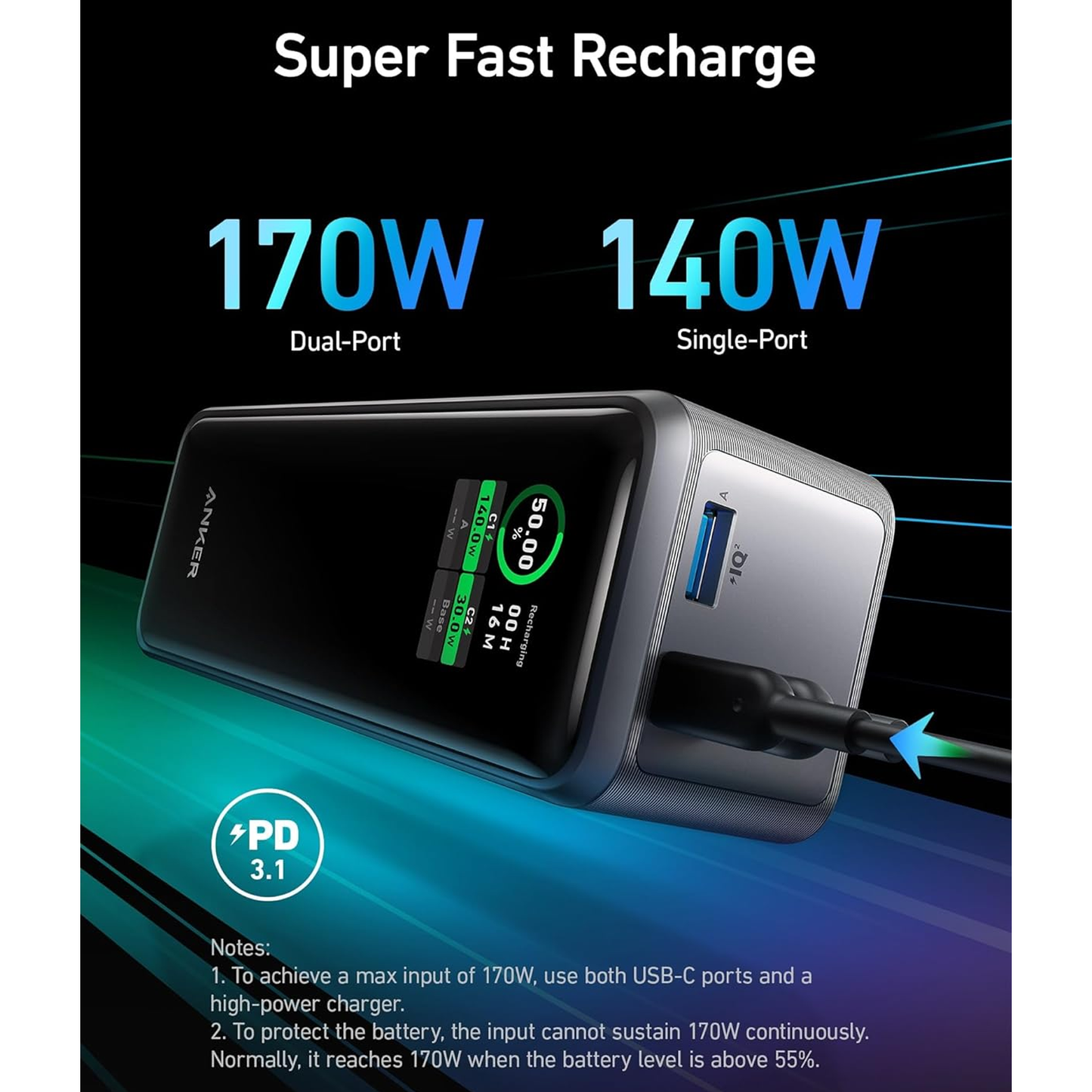 Anker Prime Power Bank 27,650mAh (250W, 3-Port, App Control & Smart Display)