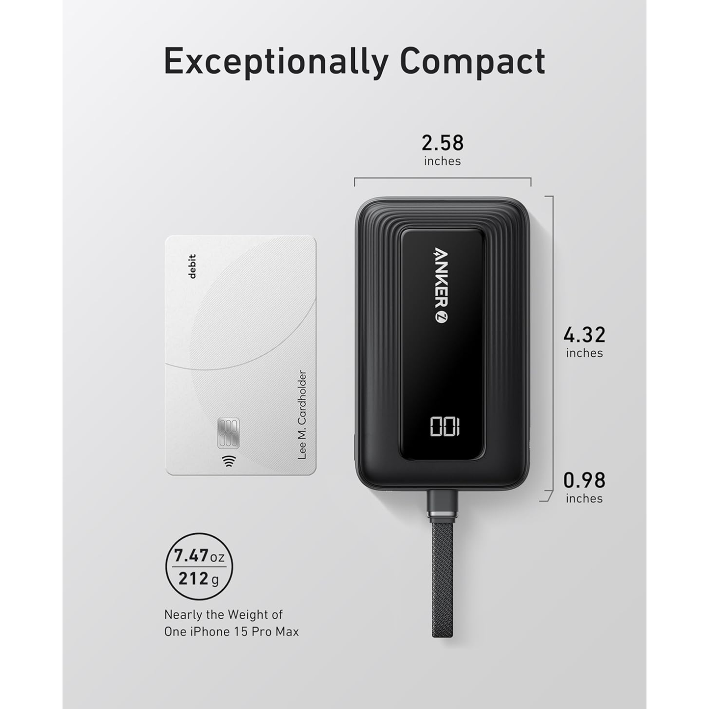 Anker A1688 Zolo Power Bank (10K, 30W) with a 5.4-inch (13.7 cm) built-in USB-C cable
