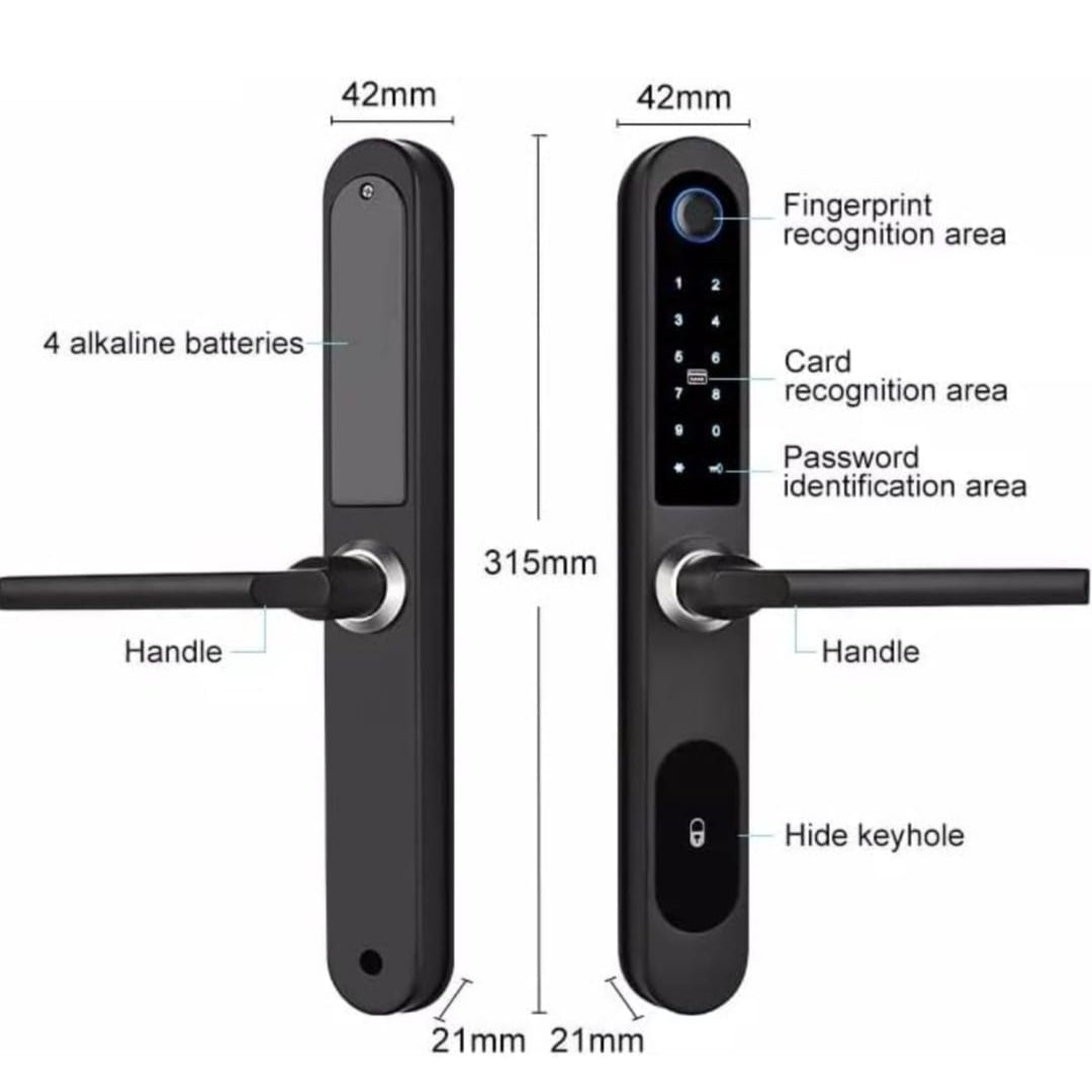 Smart door lock with labeled features and dimensions on a white background