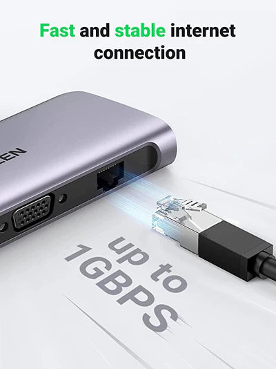 UGREEN USB-C to 3*USB 3.0 A+HDMI 4K@30Hz;2K@60HZ;1080P@120Hz + VGA +RJ45 +SD/TF + 3.5mm Audio + PD Multifunction Adapter (Space Gray)