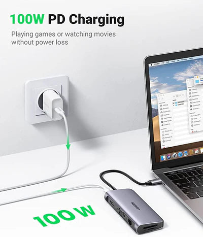 UGREEN USB-C to 3*USB 3.0 A+HDMI 4K@30Hz;2K@60HZ;1080P@120Hz + VGA +RJ45 +SD/TF + 3.5mm Audio + PD Multifunction Adapter (Space Gray)