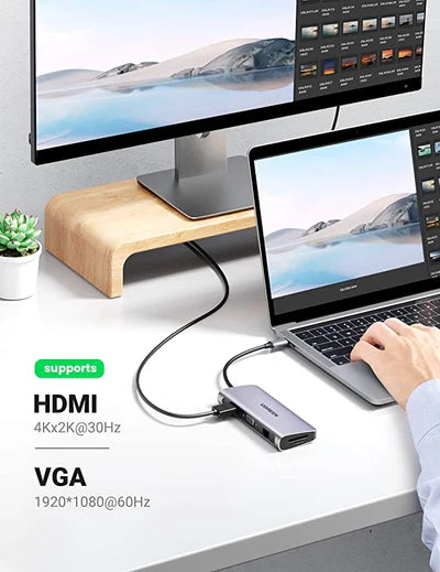UGREEN USB-C to 3*USB 3.0 A+HDMI 4K@30Hz;2K@60HZ;1080P@120Hz + VGA +RJ45 +SD/TF + 3.5mm Audio + PD Multifunction Adapter (Space Gray)