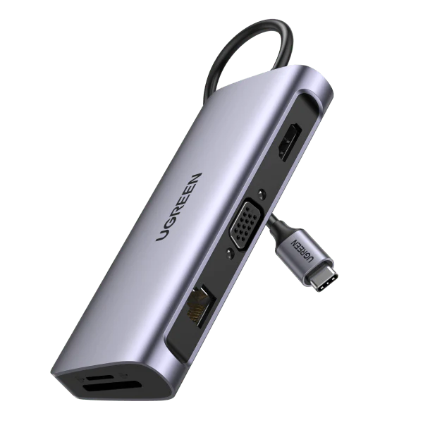 UGREEN USB-C to 3*USB 3.0 A+HDMI 4K@30Hz;2K@60HZ;1080P@120Hz + VGA +RJ45 +SD/TF + 3.5mm Audio + PD Multifunction Adapter (Space Gray)