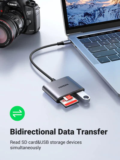 قارئ بطاقات الذاكرة USB-C إلى SD/TF + USB 2.0 من يوجرين / 80798