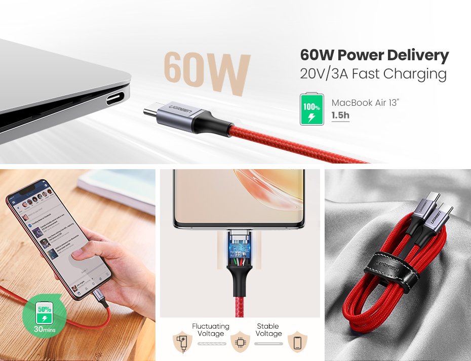 Ugreen USB-C 2.0 Male To USB-C 2.0 Male 3A Data Cable 1M/ 60186